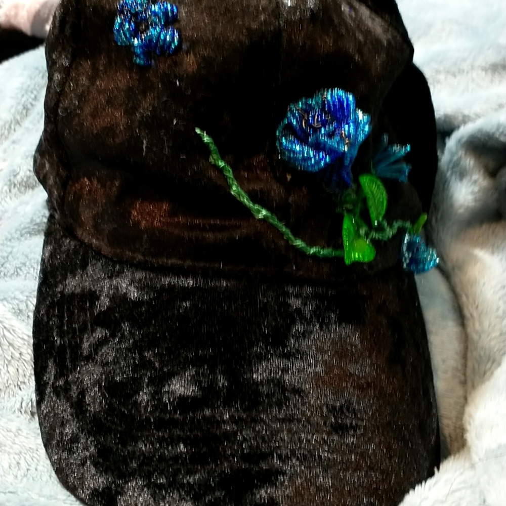 Black velvet baseball hat with blue beaded roses